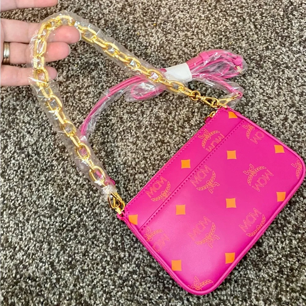 NWT MCM Fuchsia Pink Mini Color Splash Logo Leather Shoulder Bag - Picture 7 of 13